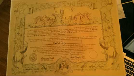 Carl Toney's Shellback certificate.